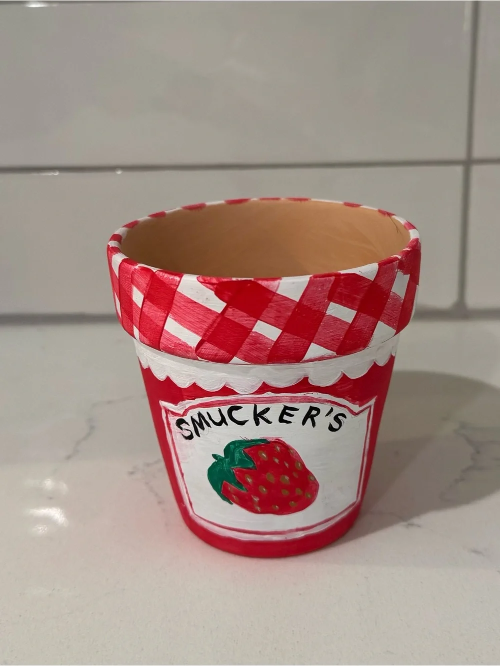 Hand Painted Strawberry Jam Flower Pot 3 1/2” X 3 1/2” Cottagecore  Planter